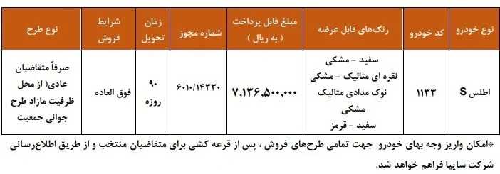 شرایط فروش اطلس s سایپا
