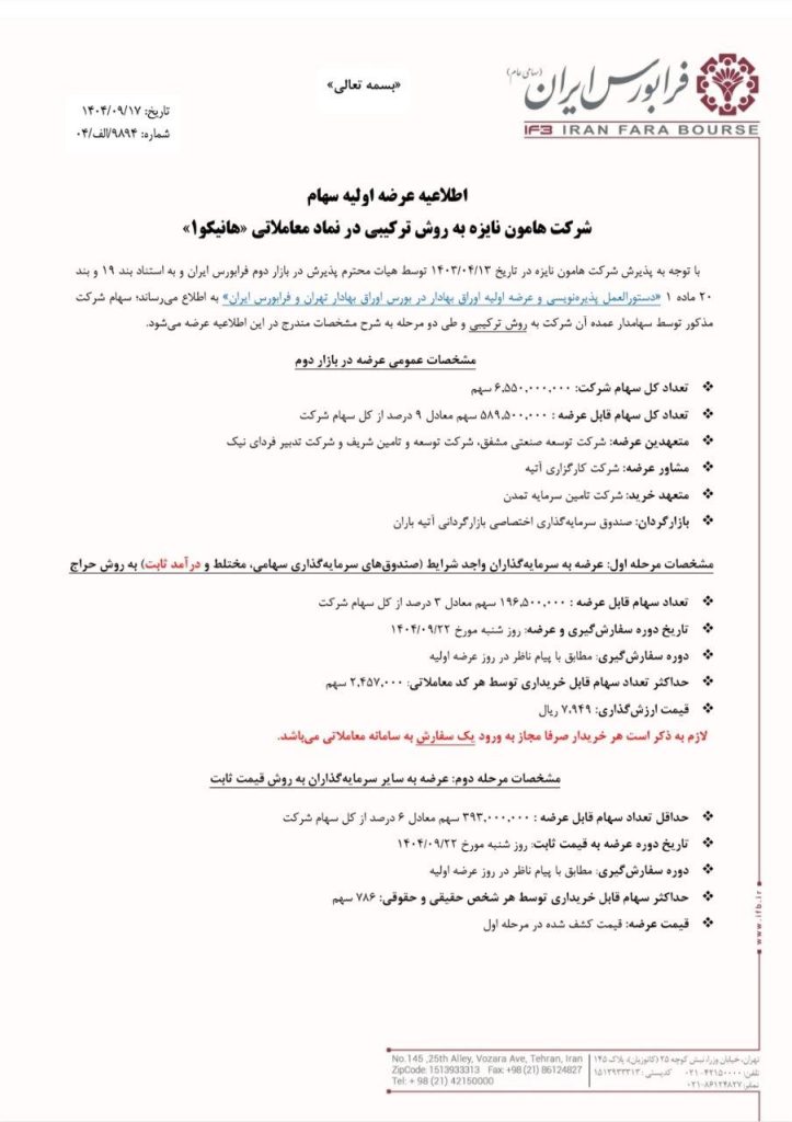 عرضه اولیه هانیکو بیمه میشود