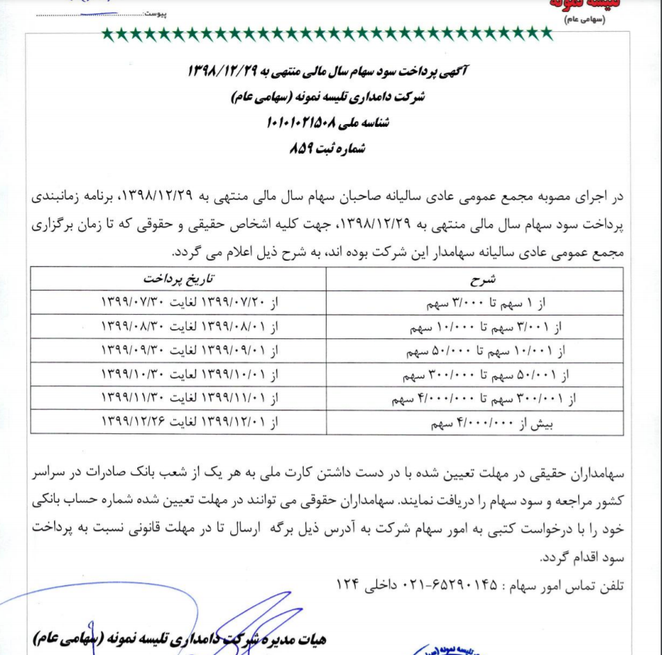 زمانبندی پرداخت سود تلیسه