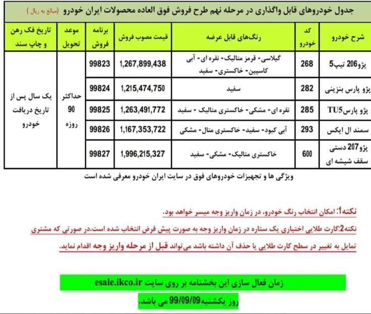 فروش فوق العاده جدید 5 محصول ایران خودرو فردا یکشنبه 9 آذر ماه