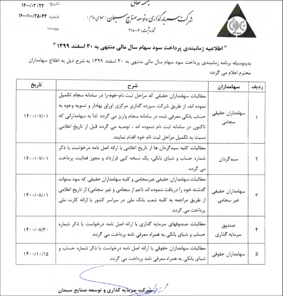 اطلاعیه زمانبندی پرداخت سود سهام "سیدکو" برای سال مالی 99