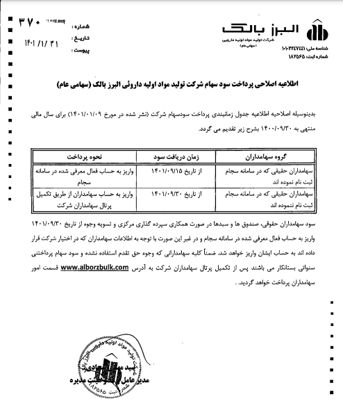 زمانبندی پرداخت سود تقسیمی شرکت تولید مواد اولیه داروئی البرز بالک