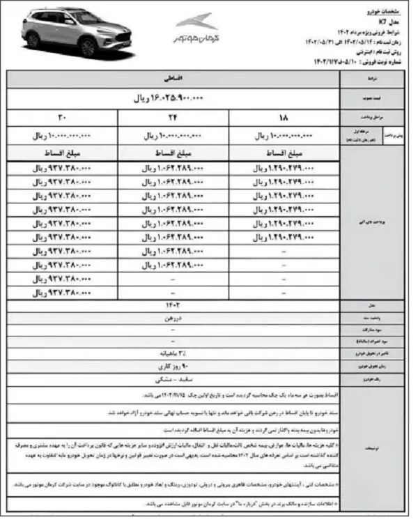 شرایط فروش کرمان موتور مدل 5. کی‌ام‌سی K7