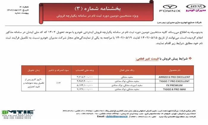 شرایط پیش فروش محصولات مدیران خودرو با قیمت غیر قطعی