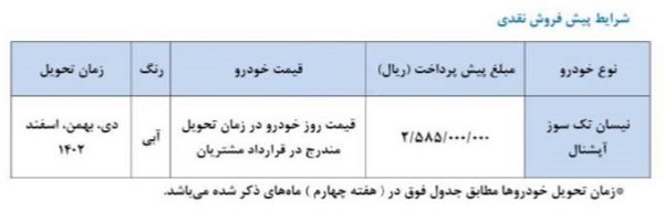 پیش فروش وانت نیسان در شهریور 1402