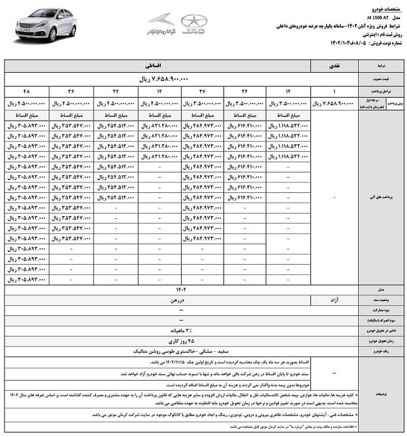 جدول فروش اقساطی خودرو جک جی 4 