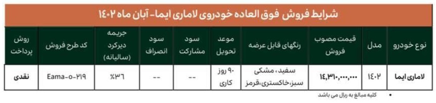 شرایط فروش فوق العاده خودروی لاماری ایما ویژه آبان ماه 1402