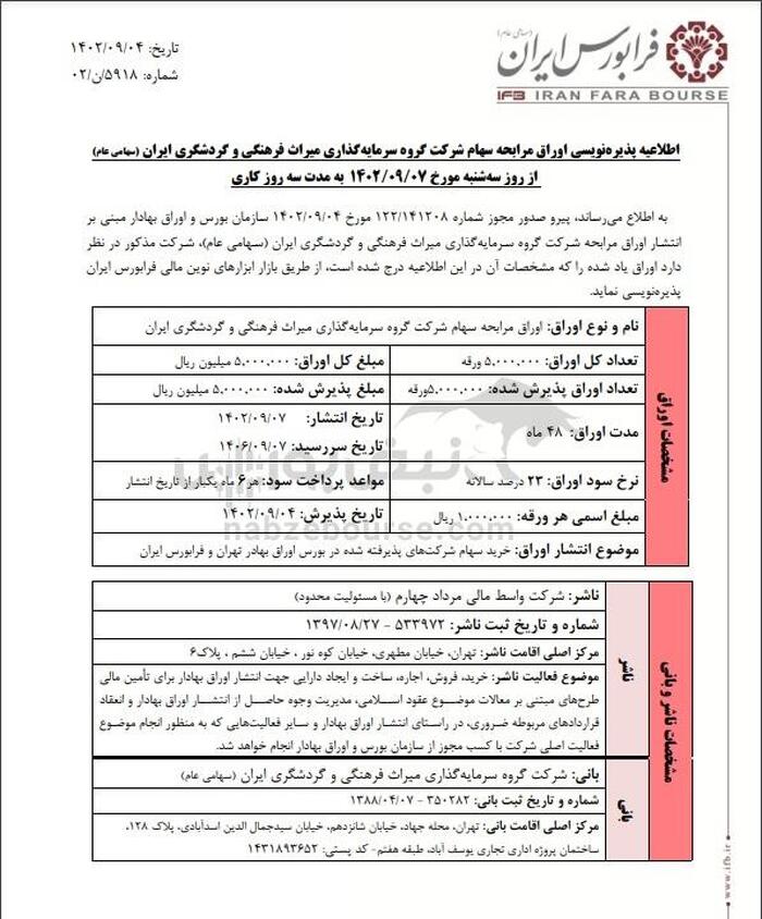 اطلاعیه پذیره نویسی اوراق مرابحه سهام شرکت گروه سرمایه گذاری میراث فرهنگی و گردشگری ایران