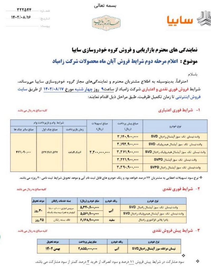 اعلام مرحله دوم شرایط فروش سایپا برای وانت نیسان ویژه آبان ماه 1402