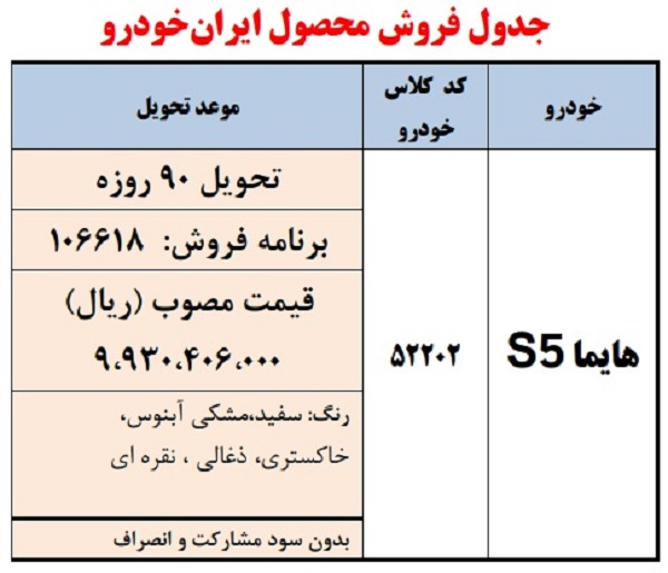 جدول فروش فوری هایما S5 از سوی ایران خودرو ویژه آبان ماه 1402