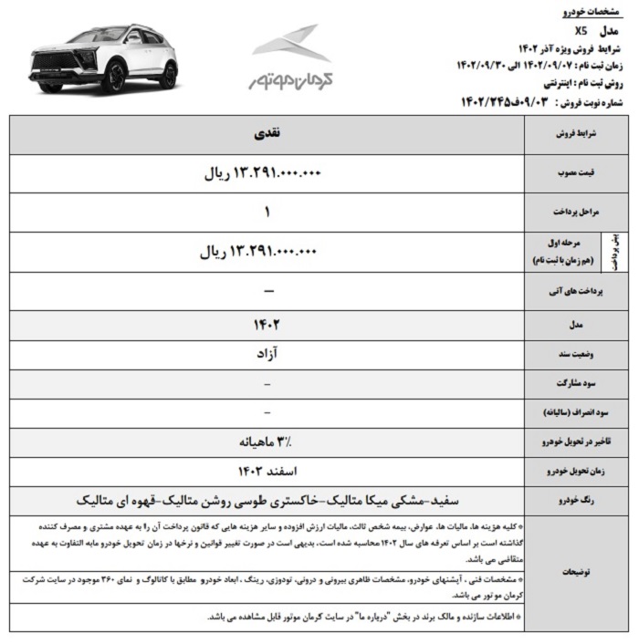 شرایط فروش خودرو جدید X5 کرمان موتور