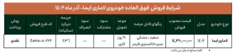 شرایط فروش فوق العاده خودرو لاماری ایما شرکت آرین پارس موتور ویژه آذرماه 1402