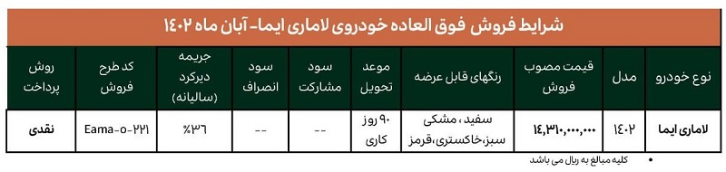 شرایط فروش فوق العاده خودروی لاماری ایما _ آبان 1402