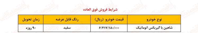 شرایط فروش فوق العاده شاهین با گیربکس اتوماتیک