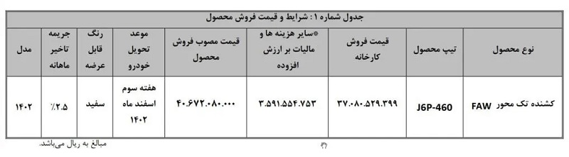 جدول شرایط و قیمت فروش کشنده فاو 460 شرکت سیبا موتور