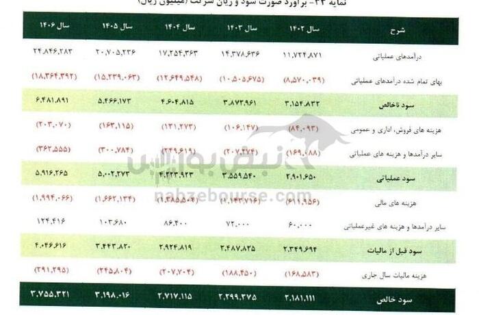 پیش بینی سود و زیان شرکت تا سال 1406