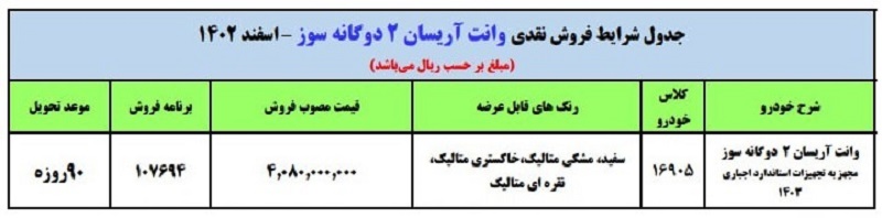 جدول شرایط طرح فروش فوری وانت آریسان دوگانه سوز ویژه اسفندماه