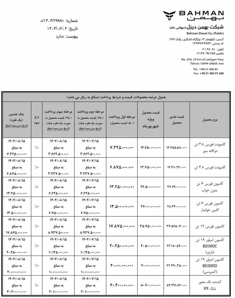 شرایط فروش محصولات بهمن دیزل در شهریور ۱۴۰۴ اعلام شد